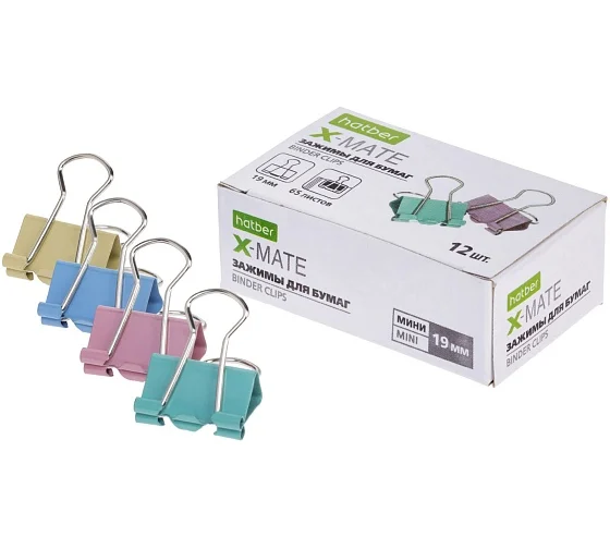 Зажимы для бумаг 19мм цветные Hatber X-Mate, 12шт, 083724
