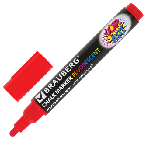 Маркер меловой BRAUBERG "POP-ART" КРАСНЫЙ, 5мм, стираемый, для гладких поверхностей, 151529