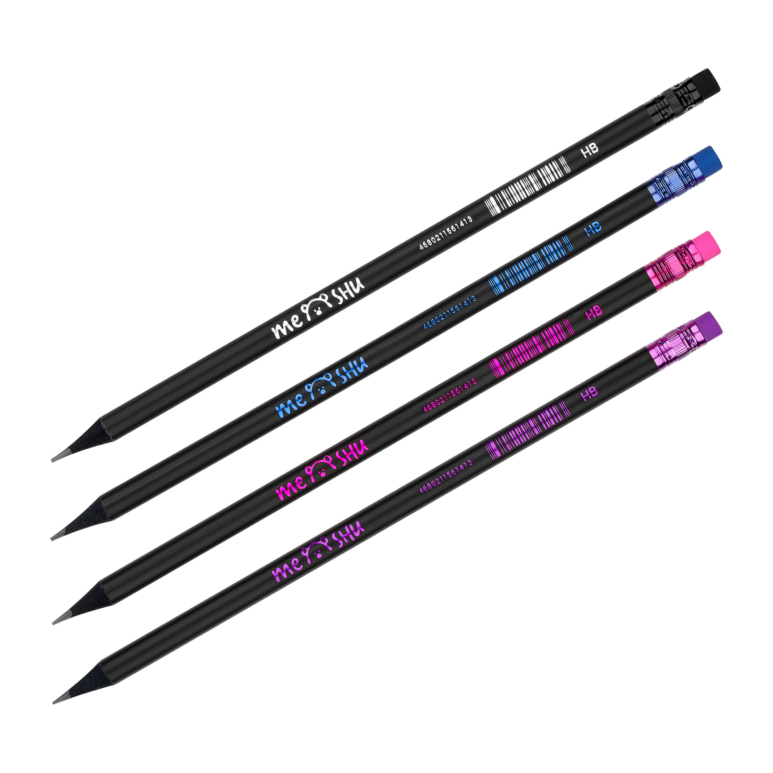 Карандаш ч/г MESHU "Black style" HB, заточен, с печатью, с ластиком, ассорти, 368077
