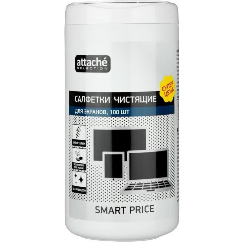Чистящие салфетки Attache Selection Smart Price влажные для экранов, в тубе, 1763024