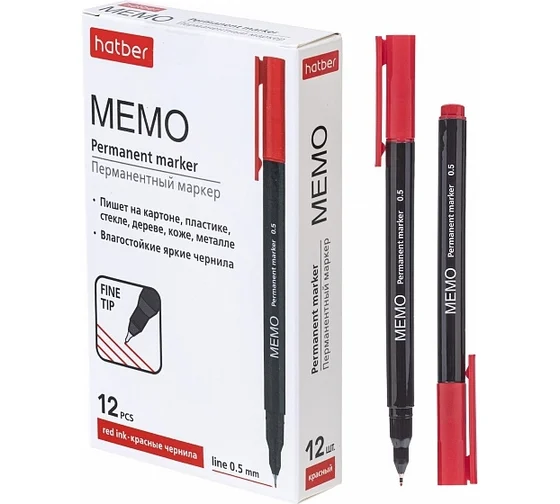 Маркер перманентный Hatber Memo красный 0,5мм пулевидный 1/12, 072611