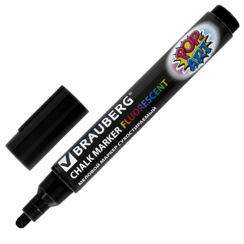 Маркер меловой BRAUBERG "POP-ART" ЧЕРНЫЙ, 5мм, стираемый, для гладких поверхностей, 151534