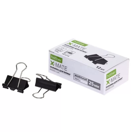 Зажимы для бумаг 25мм черные Hatber X-Mate, 12шт, 083717