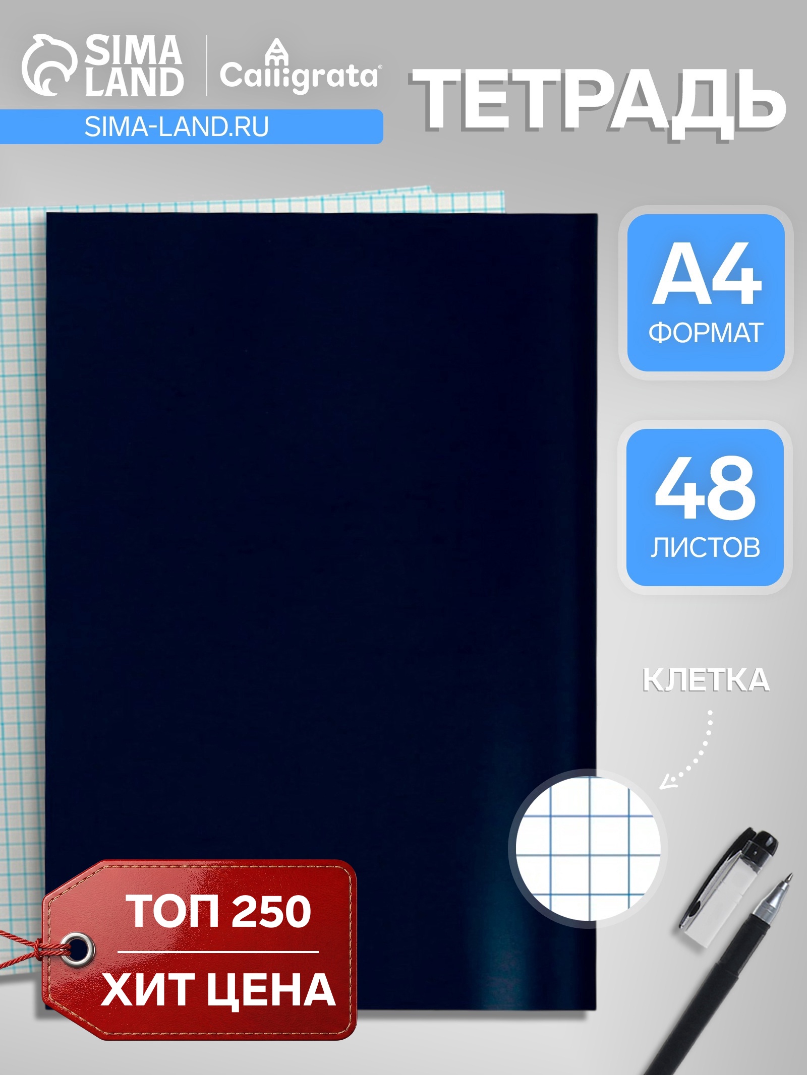 Тетрадь А4 48л кл бумвинил, блок №2, эконом, синий 6977308