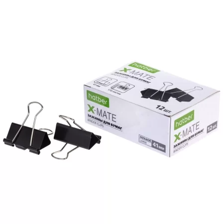 Зажимы для бумаг 41мм черные Hatber X-Mate, 12шт, 083715
