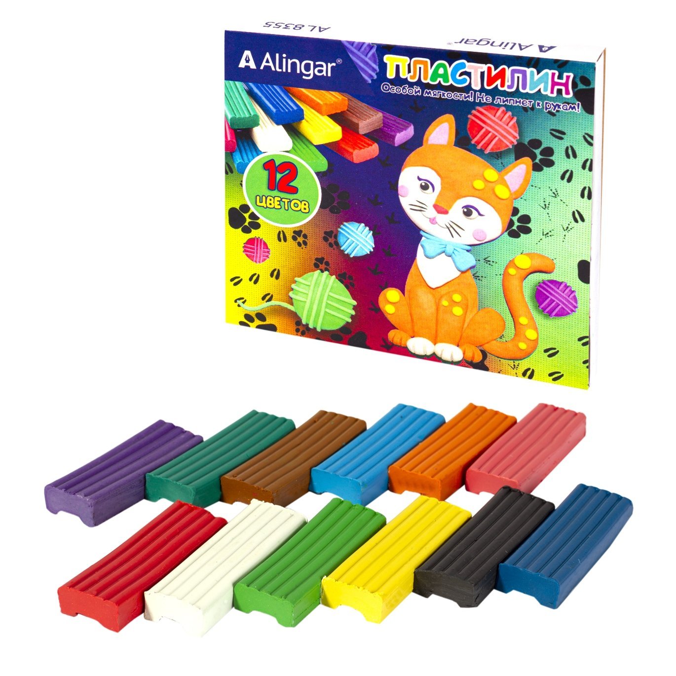 Пластилин 12 цветов Alingar "Кот", 180 гр., особо мягкий, AL8355, 88519
