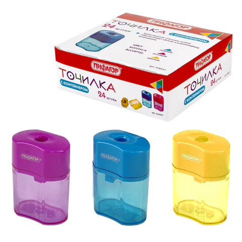 Точилка пластик ПИФАГОР "Ergo", 1 отверстие, контейнер, ассорти, 228437