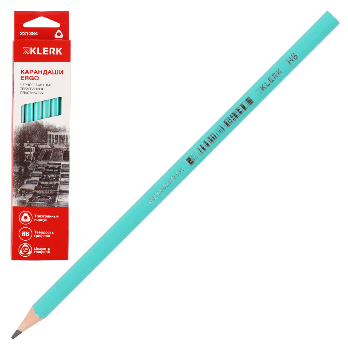 Карандаш ч/г KLERK ERGO HB, без ластика, заточен., пластик, трехгранный, зеленый, 1/12, 231384
