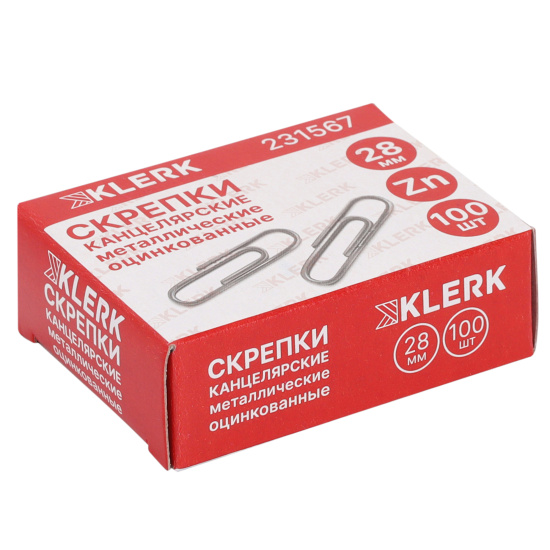 Скрепки 28мм 100шт KLERK оцинкованые карт упак 1/10, 231567