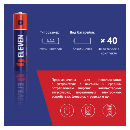 Батарейка Eleven AAA (LR03) алкалиновая, мизинчиковая OS40, 301746
