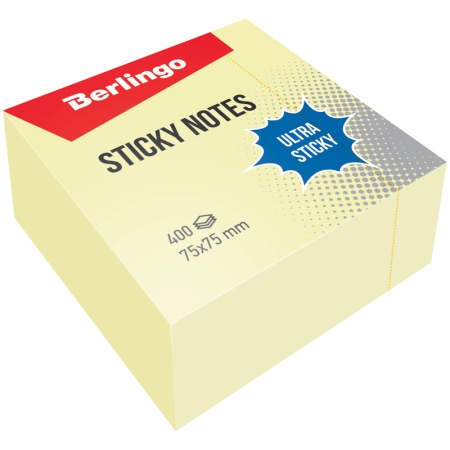 Самоклеящийся блок Berlingo "Ultra Sticky", 75*75мм, 400л, пастель, желтый, LSn_40000, 270287
