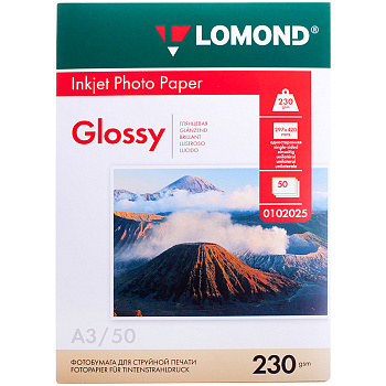Фотобумага А3 для стр. принтеров Lomond 230г/м2 50л, односторонняя, глянцевая, 080608