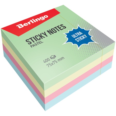 Самоклеящийся блок Berlingo "Ultra Sticky", 75*75мм, 400л, 4 паст. цвета, LSn_40001, 270288