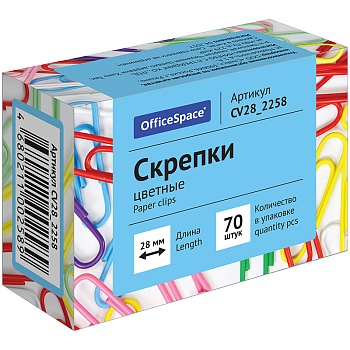 Скрепки 28мм 70шт "OfficeSpace", цветные, CV28_2258, 186683