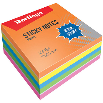 Блок самоклеящийся 75*75мм 450л Berlingo Ultra Sticky 5 неон цв. + 1 белый, LSn_40202, 270292