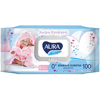 Влажные салфетки "Aura (Аура) Ultra comfort" 100шт детские с алоэ б/спирта клапан 270362