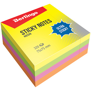 Блок самоклеящийся 75*75мм 320л Berlingo Ultra Sticky 4 цвета неоновые 1/12  LSn_40002/270289