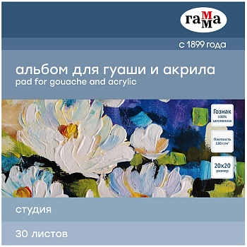 Альбом для гуаши и акрила 30л 200*200мм на склейке Гамма "Студия" 180г/м3, 324944 Альбом для гуаши и акрила 30л 200*200мм на склейке Гамма "Студия" 180г/м3, 324944