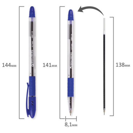 Ручка шариковая BRAUBERG "Glassy" 0,7мм синяя, масляная с грипом, корпус прозрачный, 142698