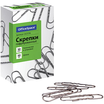 Скрепки 50мм 50шт "OfficeSpace", гофрированные, карт. упак, 162156, 1/72, 162156