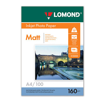 Фотобумага А4 для стр. принтеров Lomond 160г/м, 100л., односторонняя, матовая (0102005), 360334