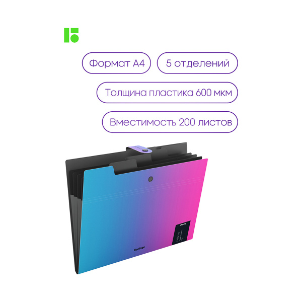 Папка 5 отделений Berlingo "Radiance", А4, 600мкм, на кнопке, розовый/голубой градиент, 327170