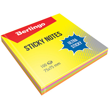 Блок самоклеящийся 75*75мм 100л Berlingo Ultra Sticky 4 цвета неоновые 1/12  LSn_39602/270286