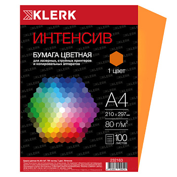 Бумага цветная KLERK А4 80г/м2 100л интенсив, оранжевый, 232163