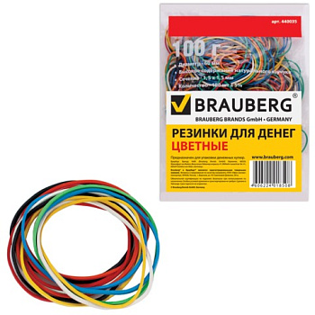 Резинки для денег BRAUBERG (БРАУБЕРГ), цветные, натуральный каучук, 100 г, 440036
