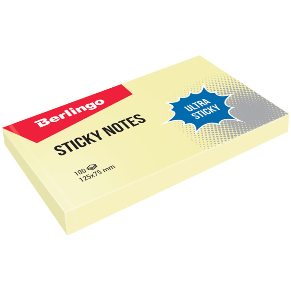 Самоклеящийся блок Berlingo "Ultra Sticky", 125*75мм, 100л, пастель, желтый, LSn_39300, 270280