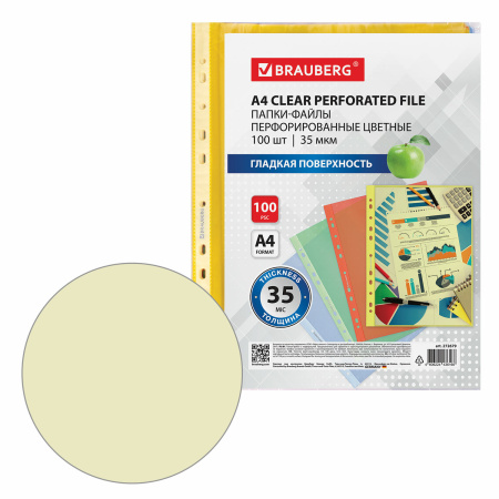 Папка-вкладыш с перфорацией BRAUBERG А4 35мкм глянцевая ЦВЕТНАЯ 100шт, 272679