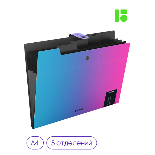 Папка 5 отделений Berlingo "Radiance", А4, 600мкм, на кнопке, розовый/голубой градиент, 327170