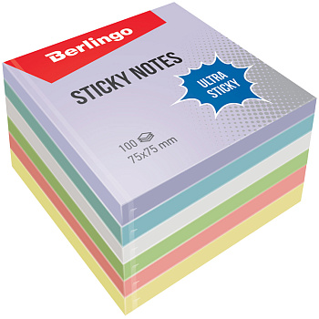 Блок самоклеящийся 75*75мм Berlingo Ultra Sticky 6*100л, 5 пастел цвет+1 белый, LSn_39221, 323564