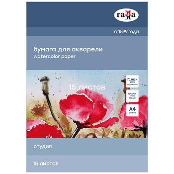 Папка для акварели 15л А4 Гамма "Студия" 200г/м2, среднее зерно, 346937 Папка для акварели 15л А4 Гамма "Студия" 200г/м2, среднее зерно, 346937