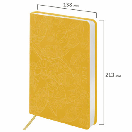 Ежедневник датированный 2024 А5 138x213 мм, BRAUBERG "Foliage", под кожу, желтый, 114922